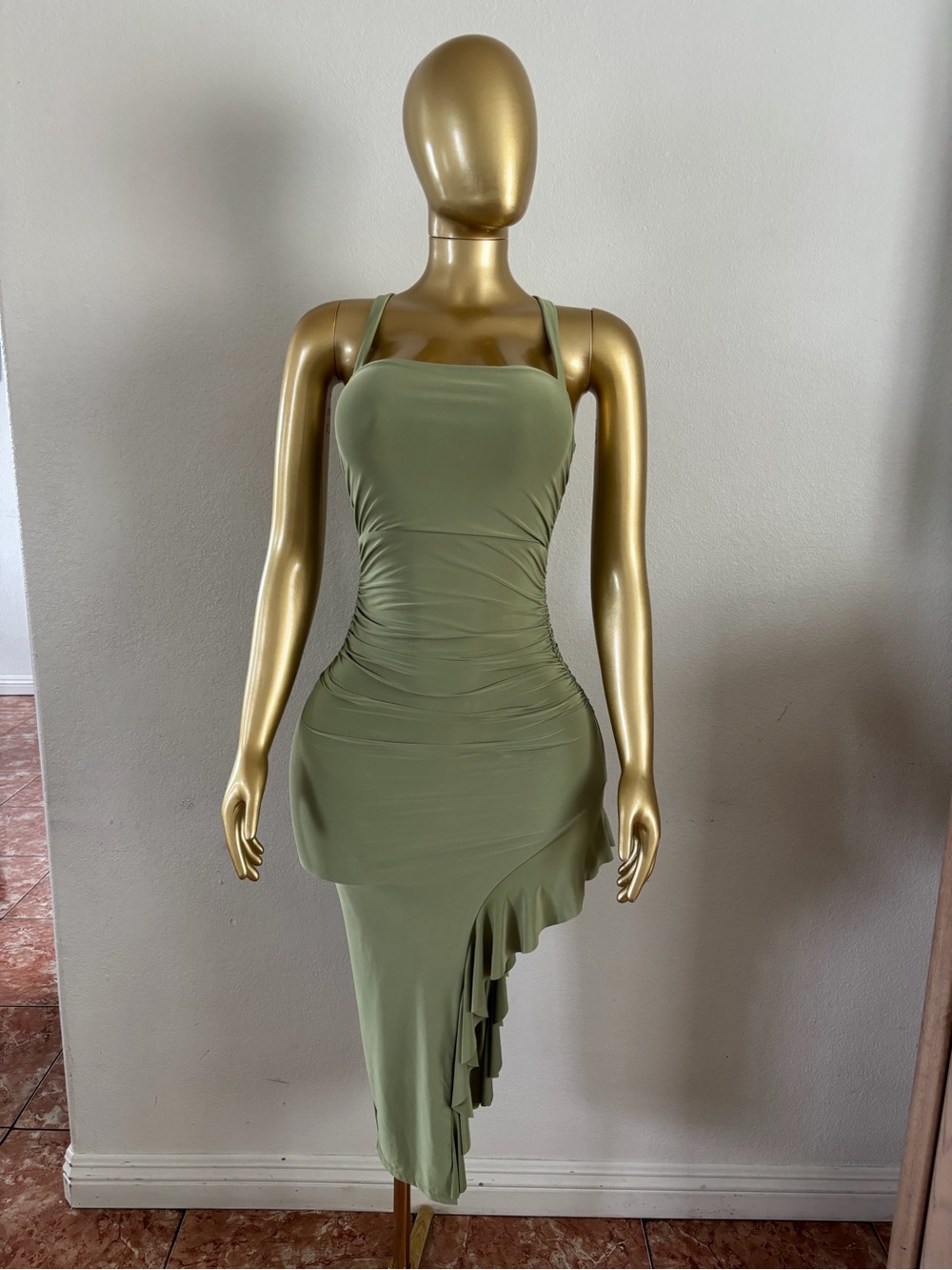 Ruched Olive Green Asymmetric Slip Dress